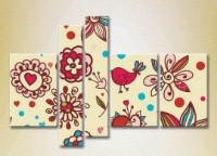 Pictură Rainbow Polyptych Texture burgundy flowers and birds 04 (2231828)