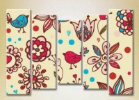 Pictură Rainbow Polyptych Texture burgundy flowers and birds 05 (2231829)