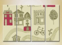 Pictură Rainbow Polyptych Texture Houses and bicycles burgundy 01 (2230630)