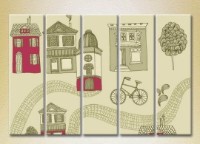 Pictură Rainbow Polyptych Texture Houses and bicycles burgundy 02 (2231837)
