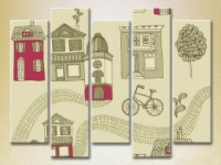 Pictură Rainbow Polyptych Texture Houses and bicycles burgundy 03 (2231838)