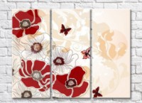 Pictură Rainbow Red and white poppies with butterflies on a beige background (500342)