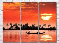 Pictură Rainbow The boat sails against the background of a red sunset (3469145)
