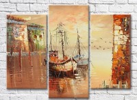 Картина Rainbow Two fishing boats at sunset by the pier (3485213)