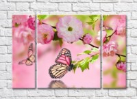 Pictură Rainbow Variegated butterfly and sakura branches on a pink background (500511)