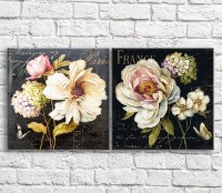 Картина Magic Color White peonies and butterflies on a Black background with text, diptych (3467677)