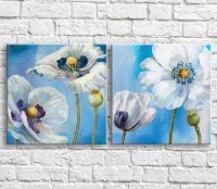 Картина Magic Color White poppies in oil on a Blue background, diptych (3467670)