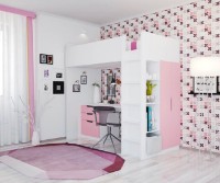 Dormitor pentru copii Polini Kids Simple cu un birou și cabinet Alb/Trandafir
