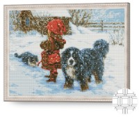 Pictura cu diamante după numere Art Gallery Premium Fetiță cu prieteni pufoși iarnă QB202678