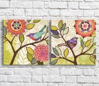 Картина ArtPoster Birds and Pink flowers on a Green background (3467764)