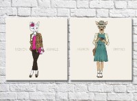 Pictură ArtPoster Cat with Pink clutch and hipster deer (3447714)