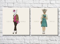 Картина ArtPoster Cat with Pink clutch and hipster deer (3447714)