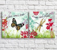 Картина ArtPoster Colorful butterfly and dragonfly on a background of wildflowers, diptych (3467745)