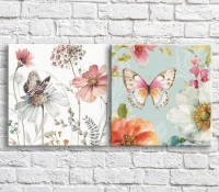 Картина ArtPoster Multicolored butterflies and flowers on White and Blue background (3467768)