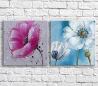 Картина ArtPoster Pink and White poppies on Blue and Gray backgrounds (3467782)