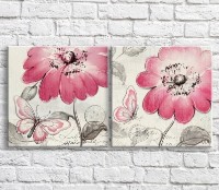 Картина ArtPoster Pink butterflies and wildflowers on Black and White background (3467781)