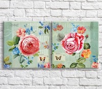Картина ArtPoster Pink roses and butterflies on a Blue background (3467787)