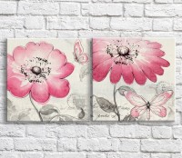 Картина ArtPoster Pink wildflowers and butterflies on Black and White background (3467786)